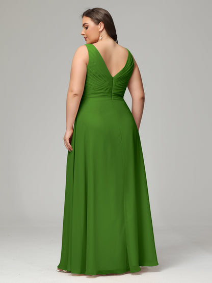 V-neck Straps Chiffon Plus Size Long Bridesmaid Dresses