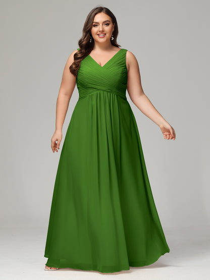 V-neck Straps Chiffon Plus Size Long Bridesmaid Dresses