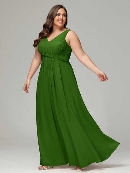 V-neck Straps Chiffon Plus Size Long Bridesmaid Dresses