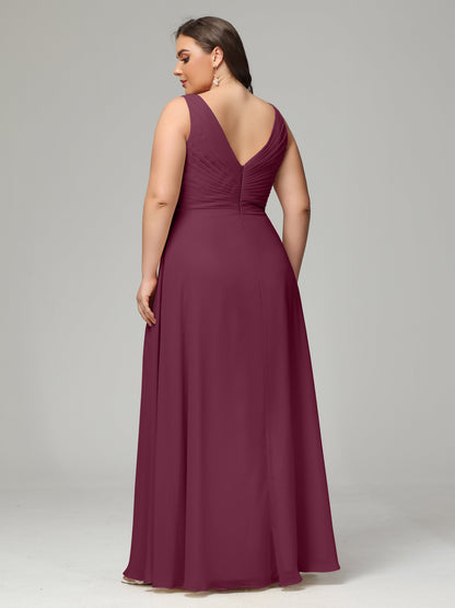 V-neck Straps Chiffon Plus Size Long Bridesmaid Dresses