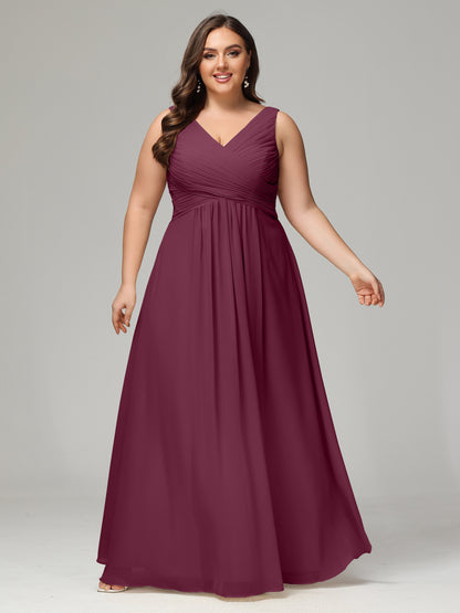 V-neck Straps Chiffon Plus Size Long Bridesmaid Dresses