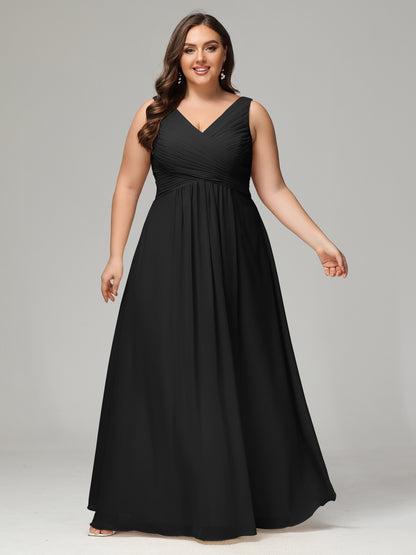 V-neck Straps Chiffon Plus Size Long Bridesmaid Dresses