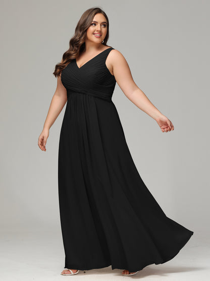 V-neck Straps Chiffon Plus Size Long Bridesmaid Dresses