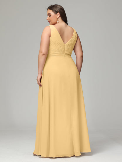 V-neck Straps Chiffon Plus Size Long Bridesmaid Dresses
