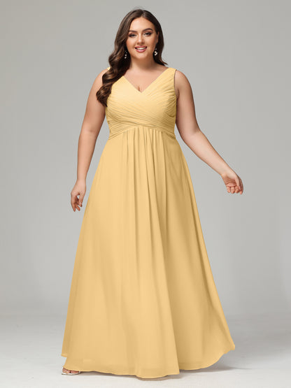V-neck Straps Chiffon Plus Size Long Bridesmaid Dresses