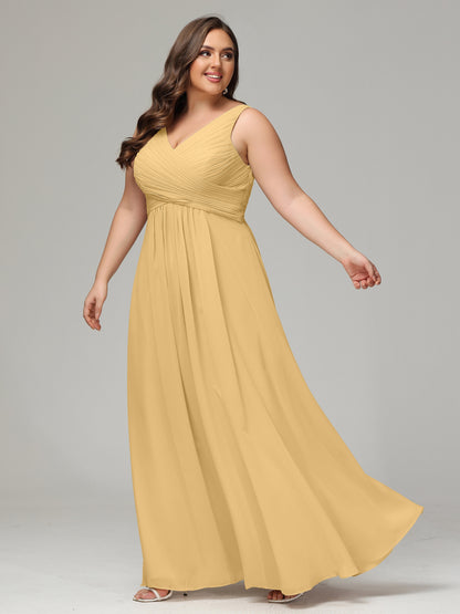 V-neck Straps Chiffon Plus Size Long Bridesmaid Dresses