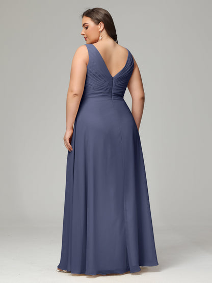 V-neck Straps Chiffon Plus Size Long Bridesmaid Dresses