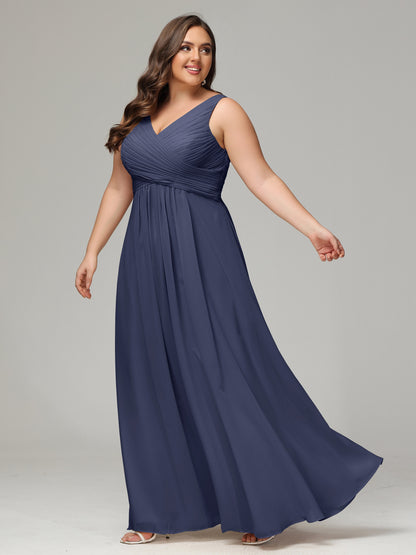 V-neck Straps Chiffon Plus Size Long Bridesmaid Dresses