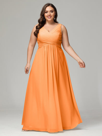 V-neck Straps Chiffon Plus Size Long Bridesmaid Dresses