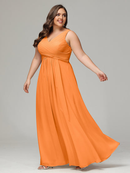 V-neck Straps Chiffon Plus Size Long Bridesmaid Dresses