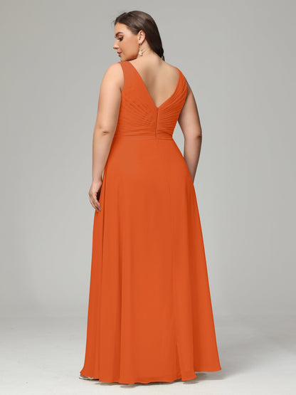 V-neck Straps Chiffon Plus Size Long Bridesmaid Dresses