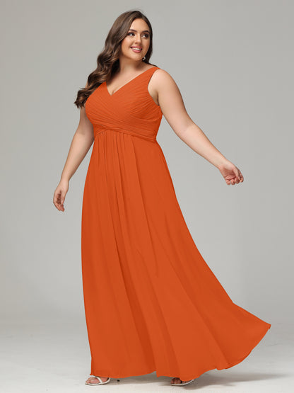 V-neck Straps Chiffon Plus Size Long Bridesmaid Dresses