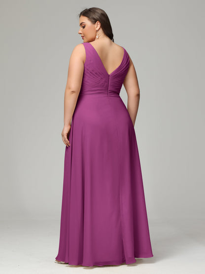 V-neck Straps Chiffon Plus Size Long Bridesmaid Dresses