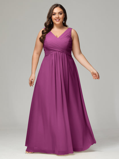 V-neck Straps Chiffon Plus Size Long Bridesmaid Dresses