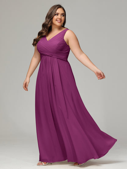 V-neck Straps Chiffon Plus Size Long Bridesmaid Dresses