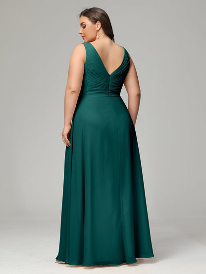 V-neck Straps Chiffon Plus Size Long Bridesmaid Dresses