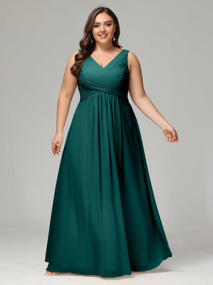 V-neck Straps Chiffon Plus Size Long Bridesmaid Dresses