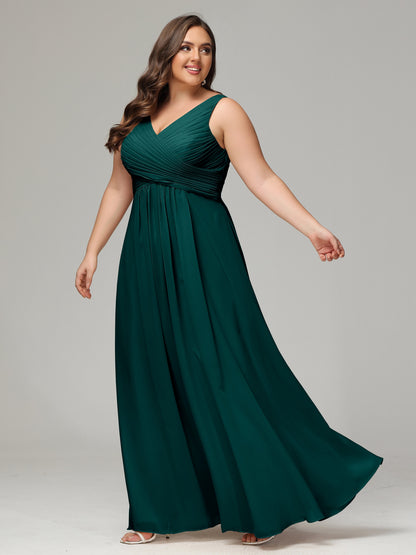 V-neck Straps Chiffon Plus Size Long Bridesmaid Dresses