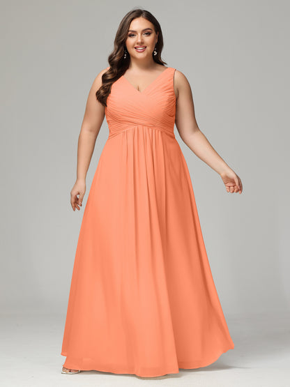 V-neck Straps Chiffon Plus Size Long Bridesmaid Dresses
