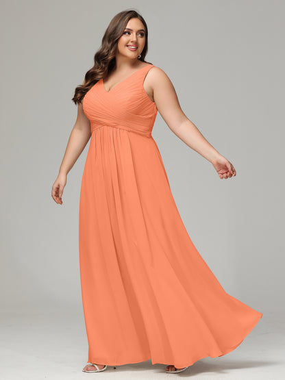 V-neck Straps Chiffon Plus Size Long Bridesmaid Dresses