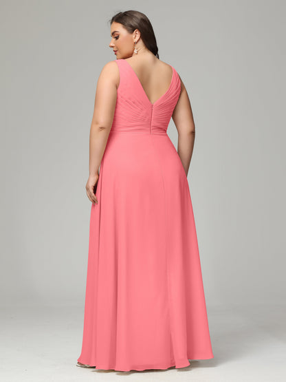 V-neck Straps Chiffon Plus Size Long Bridesmaid Dresses