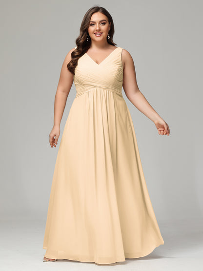 V-neck Straps Chiffon Plus Size Long Bridesmaid Dresses