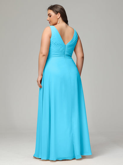V-neck Straps Chiffon Plus Size Long Bridesmaid Dresses