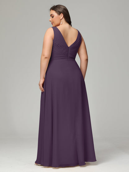 V-neck Straps Chiffon Plus Size Long Bridesmaid Dresses