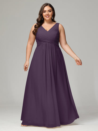 V-neck Straps Chiffon Plus Size Long Bridesmaid Dresses