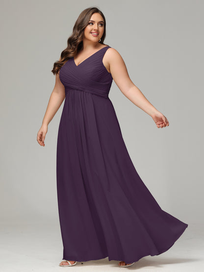 V-neck Straps Chiffon Plus Size Long Bridesmaid Dresses