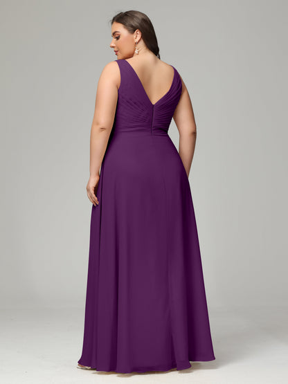 V-neck Straps Chiffon Plus Size Long Bridesmaid Dresses