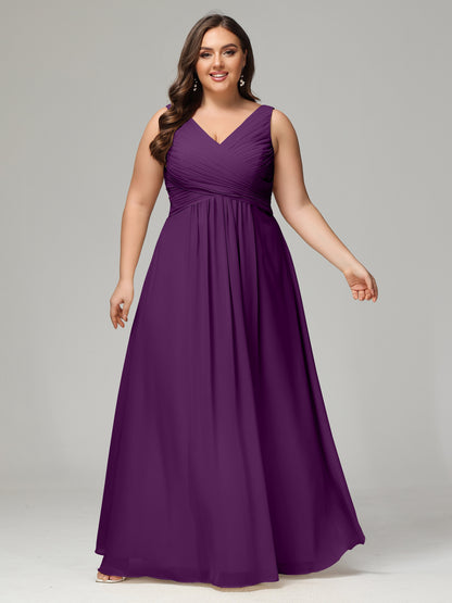 V-neck Straps Chiffon Plus Size Long Bridesmaid Dresses