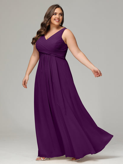 V-neck Straps Chiffon Plus Size Long Bridesmaid Dresses