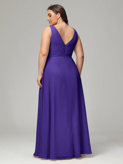 V-neck Straps Chiffon Plus Size Long Bridesmaid Dresses