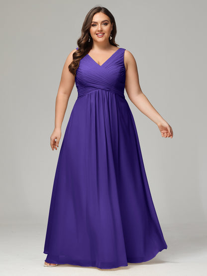 V-neck Straps Chiffon Plus Size Long Bridesmaid Dresses