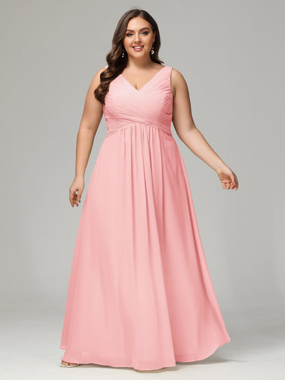 V-neck Straps Chiffon Plus Size Long Bridesmaid Dresses