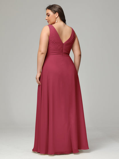 V-neck Straps Chiffon Plus Size Long Bridesmaid Dresses