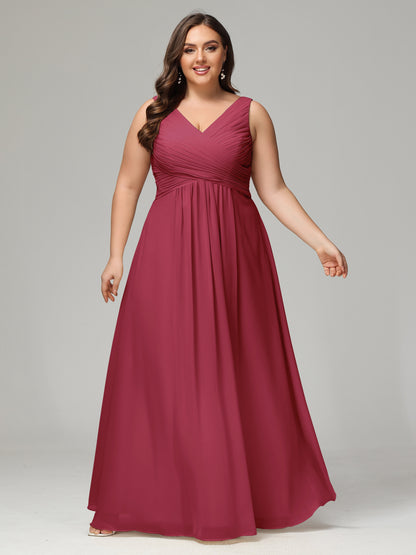 V-neck Straps Chiffon Plus Size Long Bridesmaid Dresses