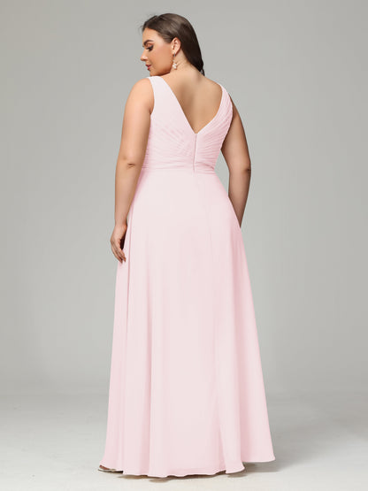 V-neck Straps Chiffon Plus Size Long Bridesmaid Dresses