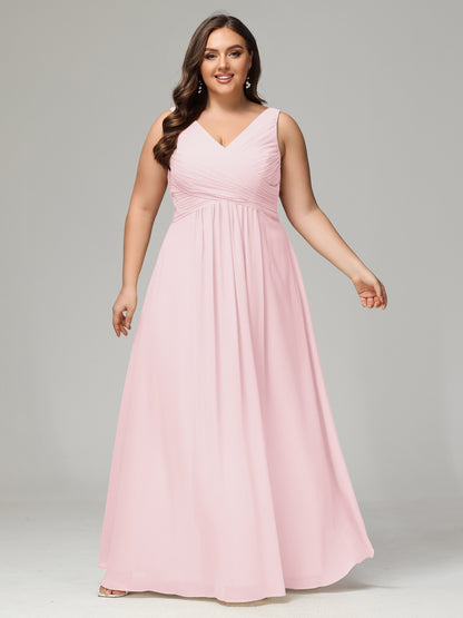V-neck Straps Chiffon Plus Size Long Bridesmaid Dresses