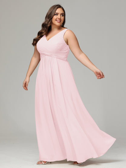 V-neck Straps Chiffon Plus Size Long Bridesmaid Dresses