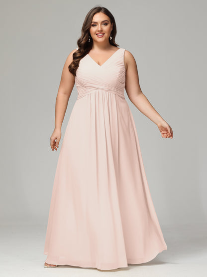 V-neck Straps Chiffon Plus Size Long Bridesmaid Dresses