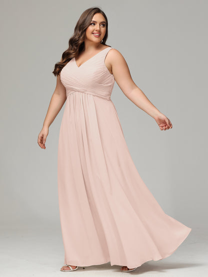 V-neck Straps Chiffon Plus Size Long Bridesmaid Dresses