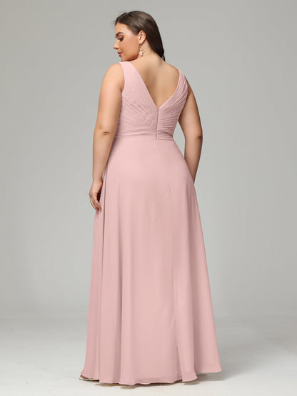 V-neck Straps Chiffon Plus Size Long Bridesmaid Dresses