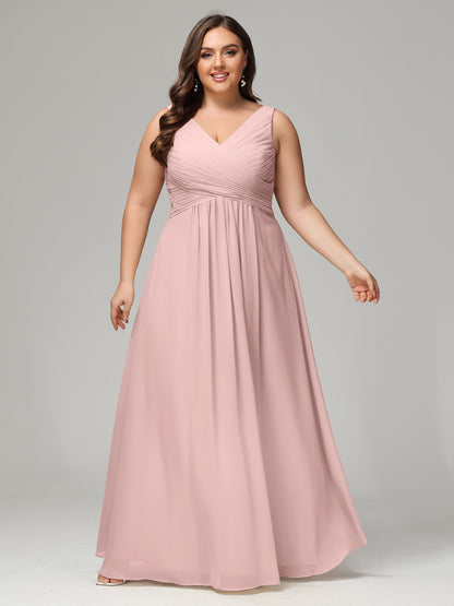 V-neck Straps Chiffon Plus Size Long Bridesmaid Dresses