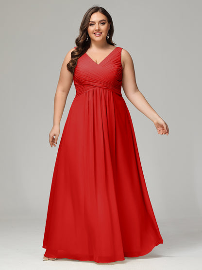 V-neck Straps Chiffon Plus Size Long Bridesmaid Dresses