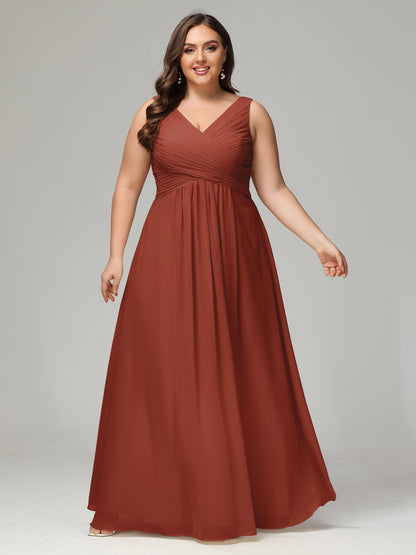 V-neck Straps Chiffon Plus Size Long Bridesmaid Dresses
