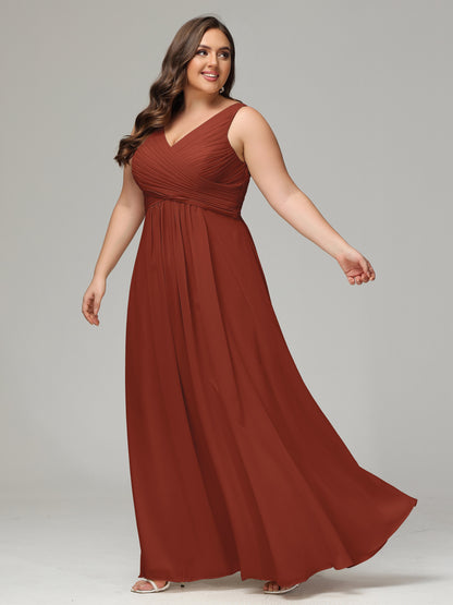 V-neck Straps Chiffon Plus Size Long Bridesmaid Dresses