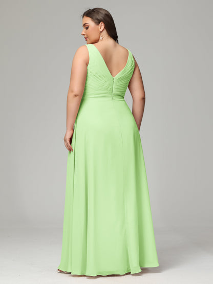 V-neck Straps Chiffon Plus Size Long Bridesmaid Dresses