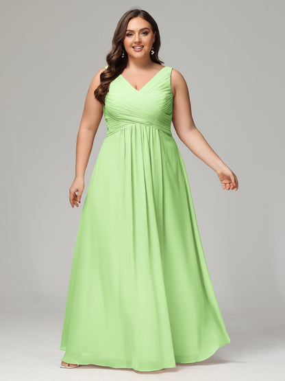 V-neck Straps Chiffon Plus Size Long Bridesmaid Dresses